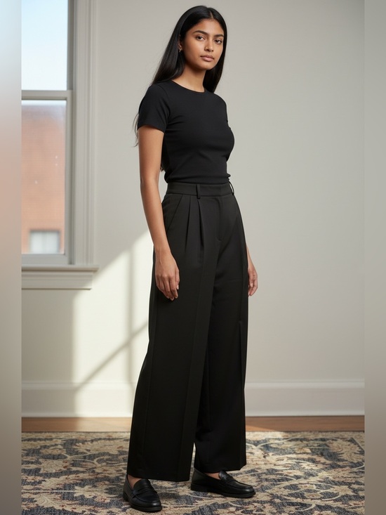 Funyyzo Pants - Women's Black Wide-Leg Tailored Pants - Medium Petite